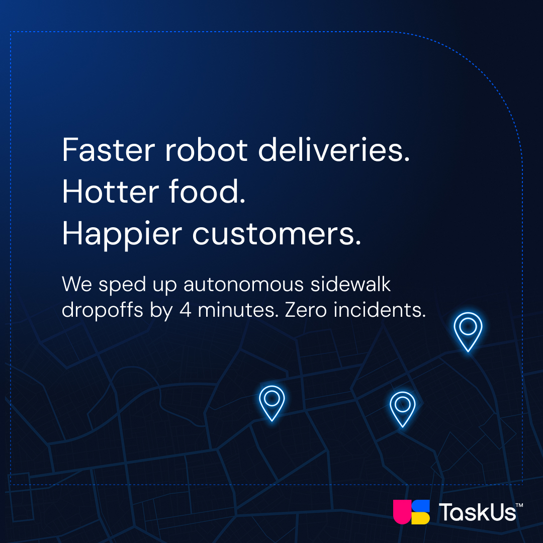 TaskUs's tweet photo. Delivery robots work perfectly on empty sidewalks, but crowds or unexpected obstacles cause machines to stop.

To make sure orders reach customers fast, we helped a leading robotics company ramp up remote pilots who guide bots through the chaos.

See how we keep the operation safe and seamless. https://t.co/ymwQO0JNkw

#TaskUs #Robotics #LastMile #AutonomousTech