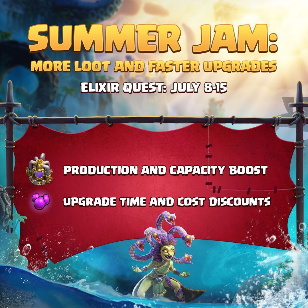 ClashofClans's tweet photo. This July is Jam-packed with progress! ☀️

Get yourself more Elixir and faster upgrades in Week 2 of Summer Jam. Now is the perfect time to tackle those Elixir upgrades with boosted Elixir Collector production and capacity, plus Elixir upgrade cost and time reductions. https://t.co/GpRF0tMzOv