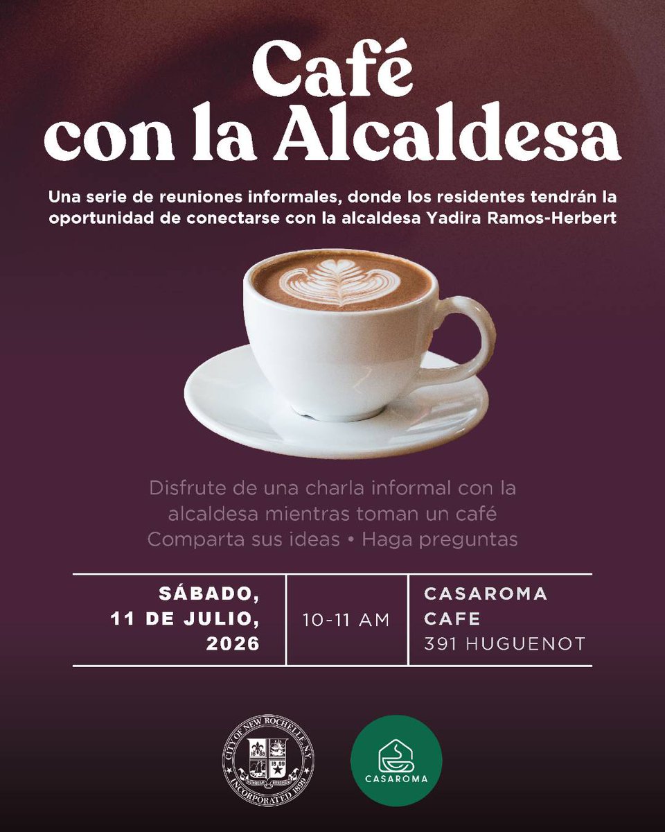 NewRochelleNY's tweet photo. ☕ Join Mayor Yadira Ramos-Herbert this Saturday, July 11 from 10 - 11 AM at Casaroma (391 Huguenot St) for Coffee with the Mayor, a series of informal meetings where you can enjoy a casual chat, share your thoughts and ask questions of City leadership. See you there! https://t.co/ezLdmCcvxT