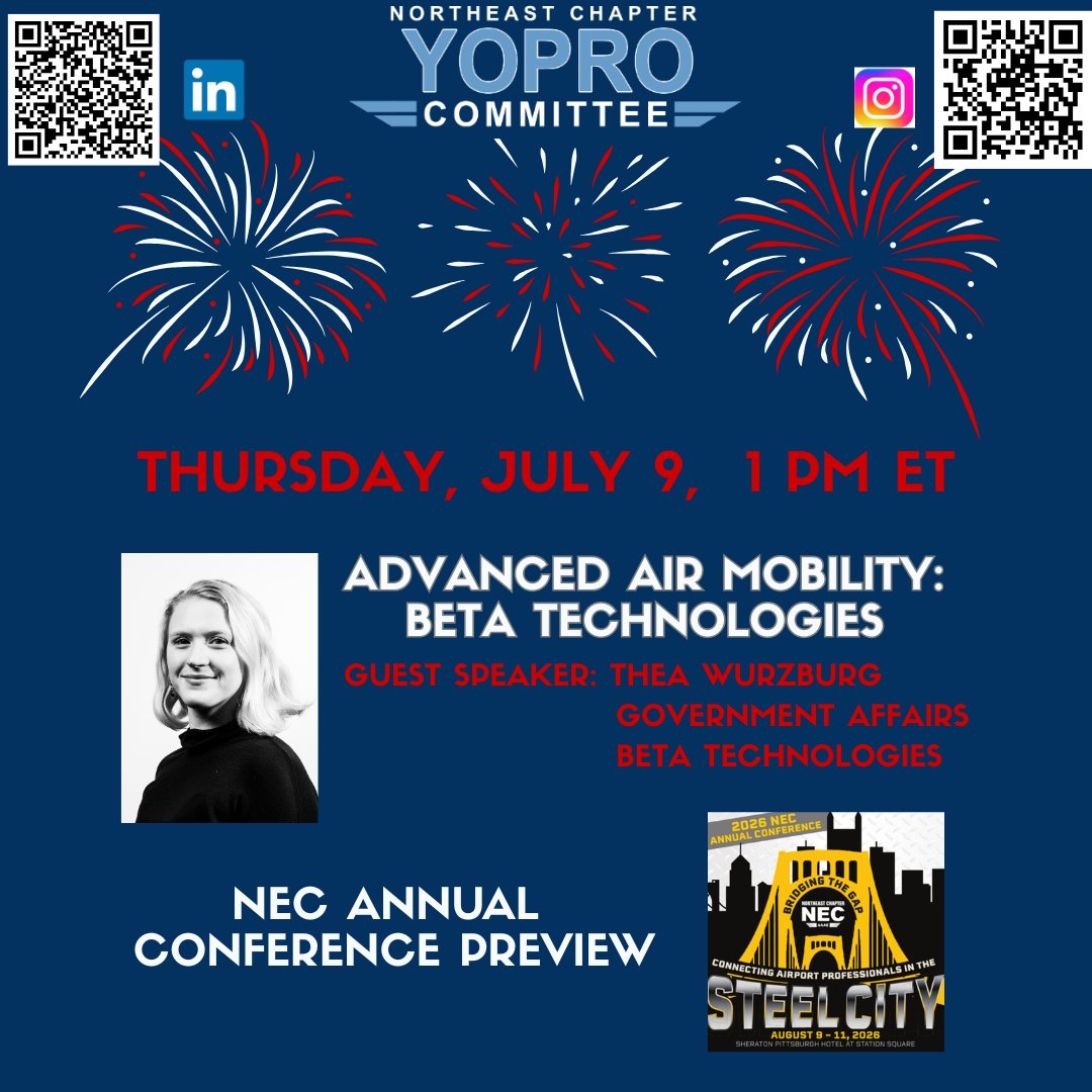 necaaae's tweet photo. 🚀 Join the Northeast Chapter YoPro Committee on July 9 at 1 PM ET!

Hear from Thea Wurzburg of BETA Technologies on the future of Advanced Air Mobility and get a preview of the 2026 NEC Annual Conference.

Join: https://t.co/Ona7CDOdT9

#YoPro #NEC #Aviation https://t.co/lAoa3HCFC5