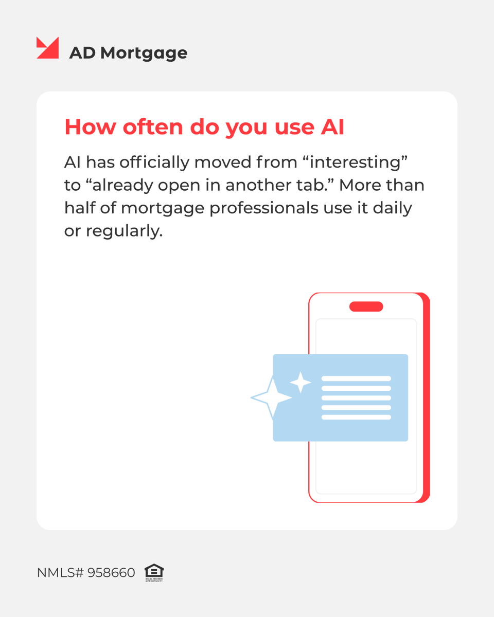 ad_mortgage's tweet photo. In 2026, AI adoption in mortgage is bigger than prompting ChatGPT. To find out where the industry stands today, we surveyed over 250 pros and asked how they implement AI into their workflow. Here's what we found:

AI development continues to accelerate, and the skills needed to stay competitive are changing with it. Share your perspective in our new Skills survey, and let's understand what's next together: https://t.co/MWhYT3mFoK