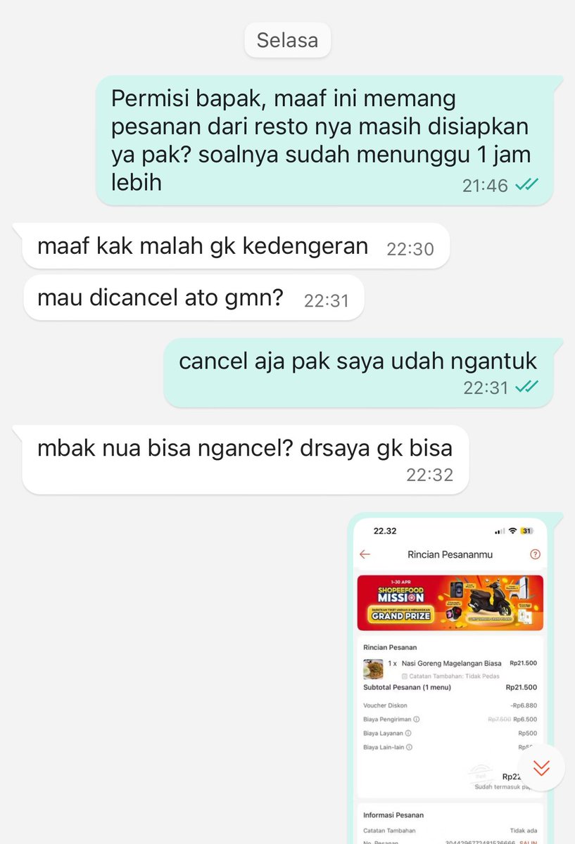 kikububble's tweet photo. @pistaciyou pernah ngalamin pesen jam 20.38, aku udh sabar nunggu sampe 1 jam lebih akhirnya gue chat baik2, dan jawaban bapak nya cuman gini, jujur kesel karna yg dari awal udh laper banget sampe jadi ga laper, malah nyuruh gue yg cancel. kalo dari awal bisa cancel mah udh gue cancel pasti https://t.co/KUTkUmyhUG