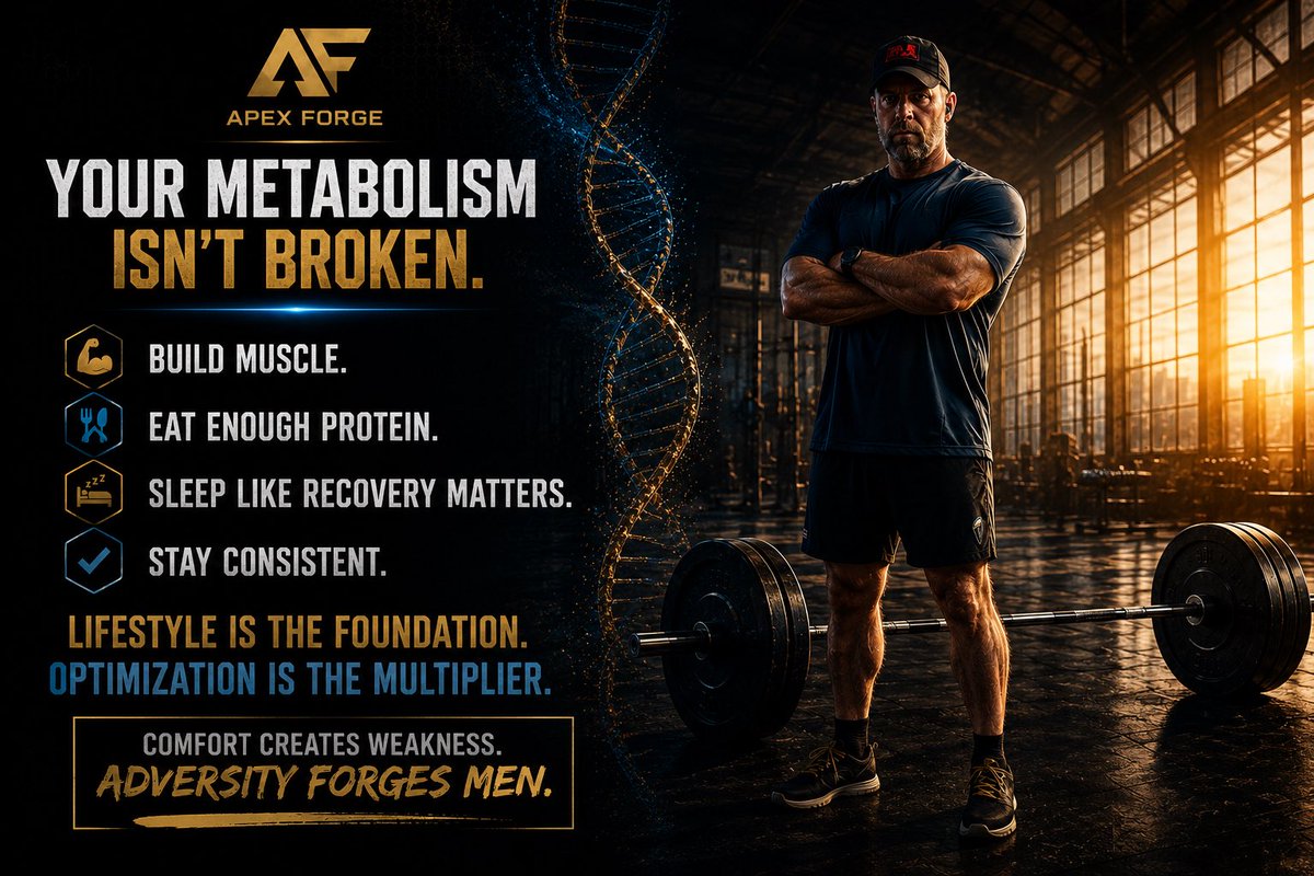 Dpcolby's tweet photo. Your metabolism isn’t broken.

It’s adapting to the habits you repeat.

Build muscle.

Eat enough protein.

Protect your sleep.

Stay consistent.

Lifestyle is the foundation.

Optimization is the multiplier.

#MensFitness #StrengthTraining #ApexForge #discipline #menshealth https://t.co/1n5EyMj07O