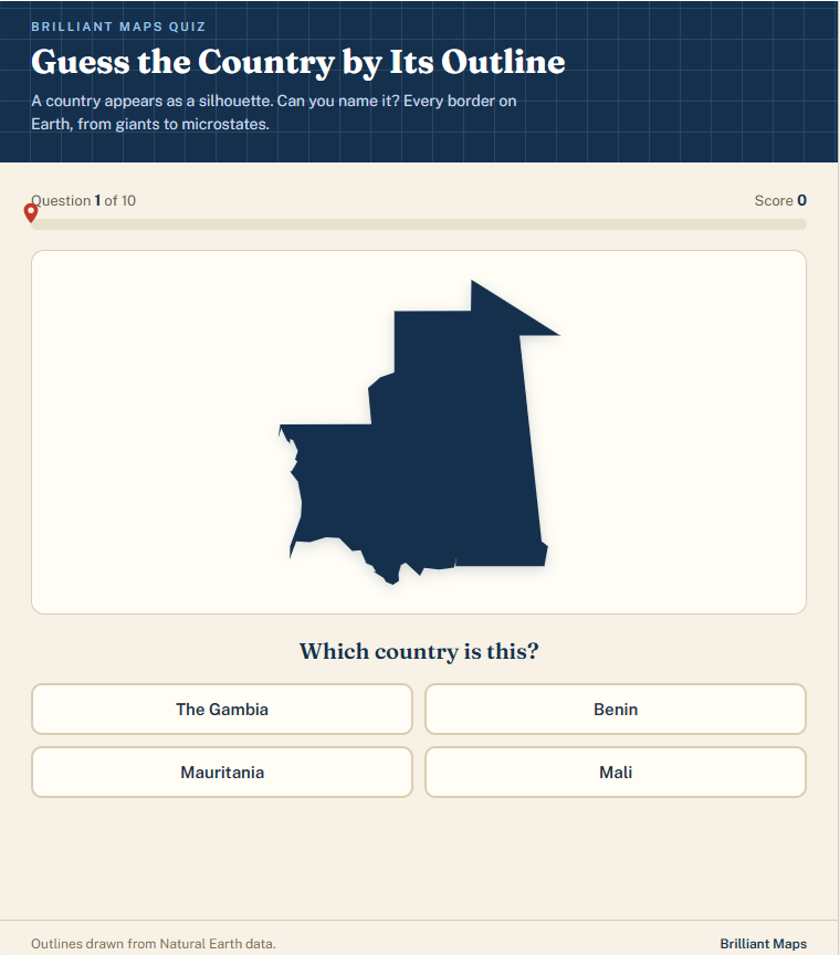 BrilliantMaps's tweet photo. Can you name the country simply from its outline?

Have a go at our new quiz here: https://t.co/mmMJ6UWCoE https://t.co/957nSyGCQ5