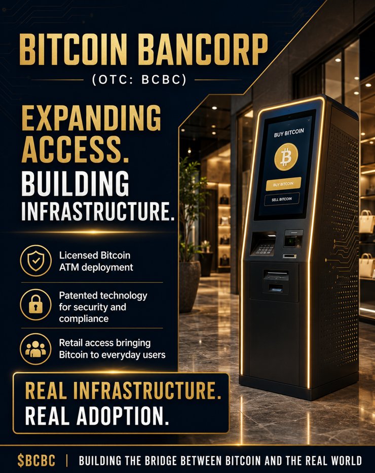 john_stocks1's tweet photo. Bitcoin Bancorp
(OTC: $BCBC)

Bitcoin adoption still needs real-world infrastructure that makes digital assets easier for everyday users to access.

Bitcoin Bancorp is focused on licensed Bitcoin ATM deployment, patented kiosk technology, retail access points, and secure wallet integration. That gives the company a consumer-facing infrastructure angle inside the Bitcoin ecosystem.

For $BCBC, the focus is not just crypto exposure. It is building physical access points that connect users to Bitcoin through familiar retail environments.

@BCBC_stock
#Bitcoin #CryptoInfrastructure #OTCStocks
#AD – Paid news dissemination