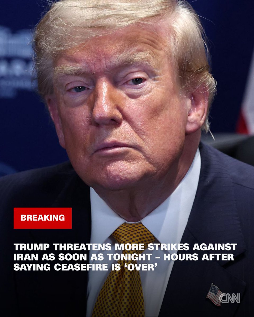cnnbrk's tweet photo. Trump threatens more strikes against Iran as soon as tonight – hours after saying ceasefire is "over." Follow live updates. https://t.co/zOCGGc4VNP https://t.co/l2WNoB3huM