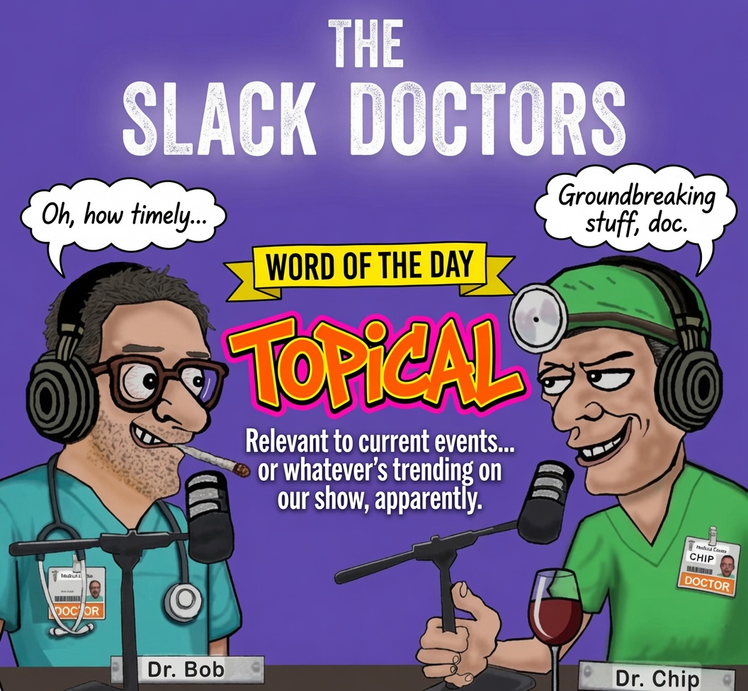 TheSlackDoctors's tweet photo. Word of the Day is Topical - relevant to current events or what's trending on our show. #ComedyPodcast #Topical #ConversationalComedy #PopCulture #PodcastLife #FunnyPodcast #LOL #PodcastersOfYouTube #Sarcasm Subscribe: https://t.co/51Ycp1ID5t https://t.co/sg20cLCOyO
