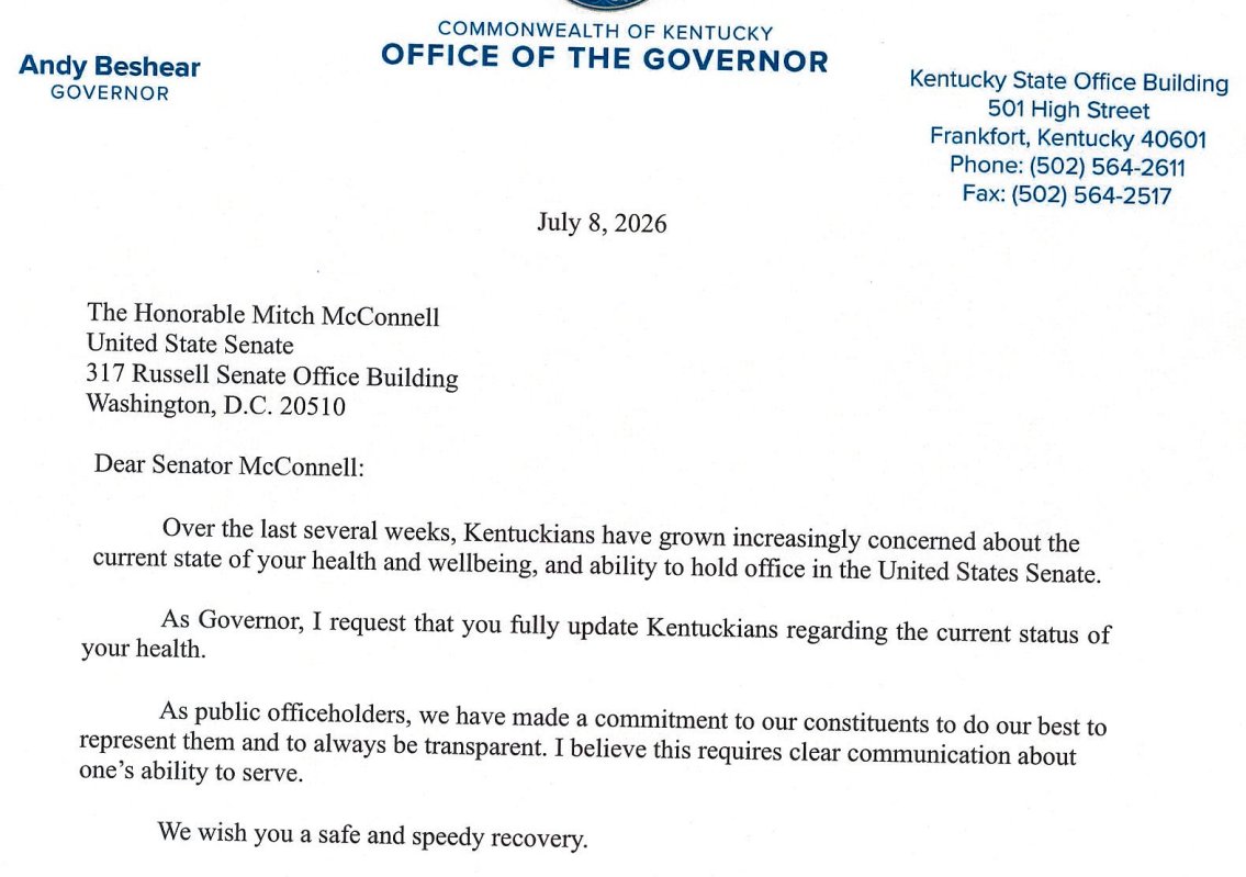 MacFarlaneNews's tweet photo. ALERT:   Gov. Andy Beshear (D-KY) asks Sen. Mitch McConnell (R-KY) to provide a health update to him and to all Kentuckians https://t.co/lQD8wKHs2Y