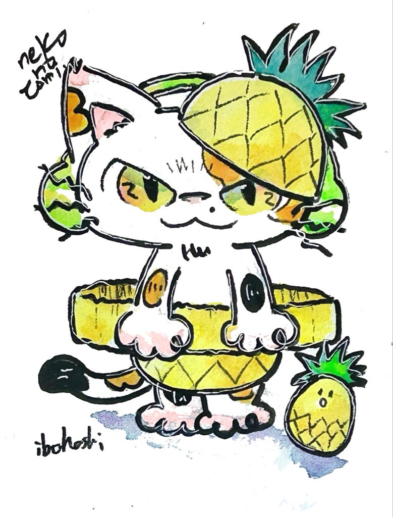 ibo0981's tweet photo. 『ねこのたみ夏休み福袋』

🍍パイナップル姿のねこのたみシリーズ🍍
水彩画／キャンバス
F0号（180×140mm）

※こちらの作品は【①ねこのたみ夏休み福袋】に入ります✨

🌻ねこのたみ夏休み福袋🌻

BOOTH販売期間
7/20（月・祝）〜7/26（日）

今年もやります！
年に2回だけのお楽しみ✨ https://t.co/Ll2GydPsck