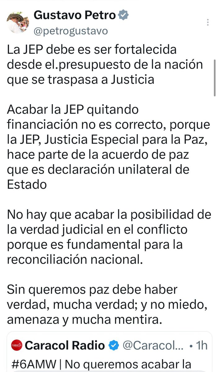 EltrinoCo's tweet photo. 🚨 ATENCIÓN | El presidente Gustavo Petro defendió la continuidad de la JEP y aseguró que debe fortalecerse con recursos del presupuesto nacional. Afirmó que retirar su financiación "no es correcto", pues hace parte del Acuerdo de Paz y es fundamental para garantizar la verdad judicial y la reconciliación del país.