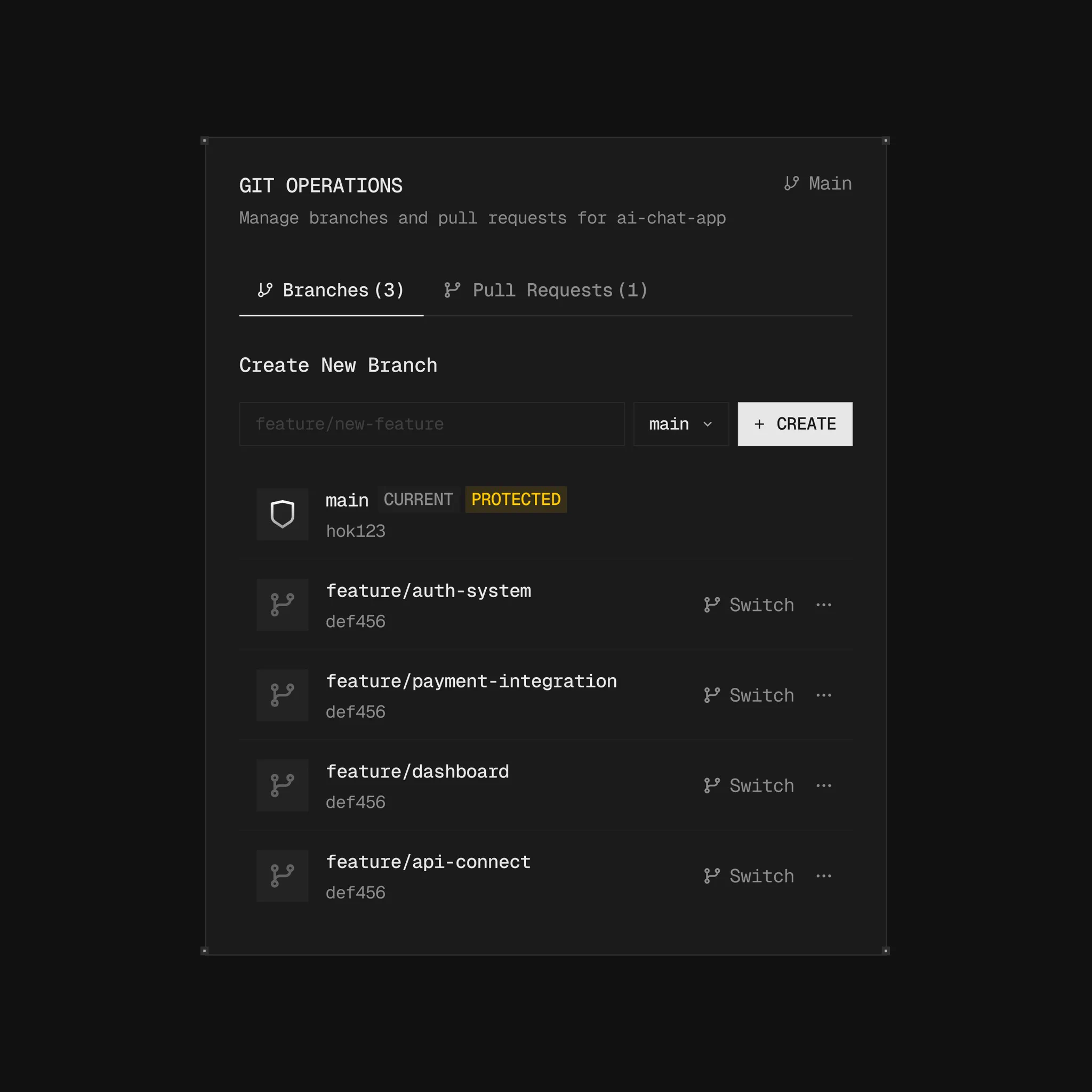 깃 브랜치 관리 카드 — 다크 모노스페이스 devtool UI