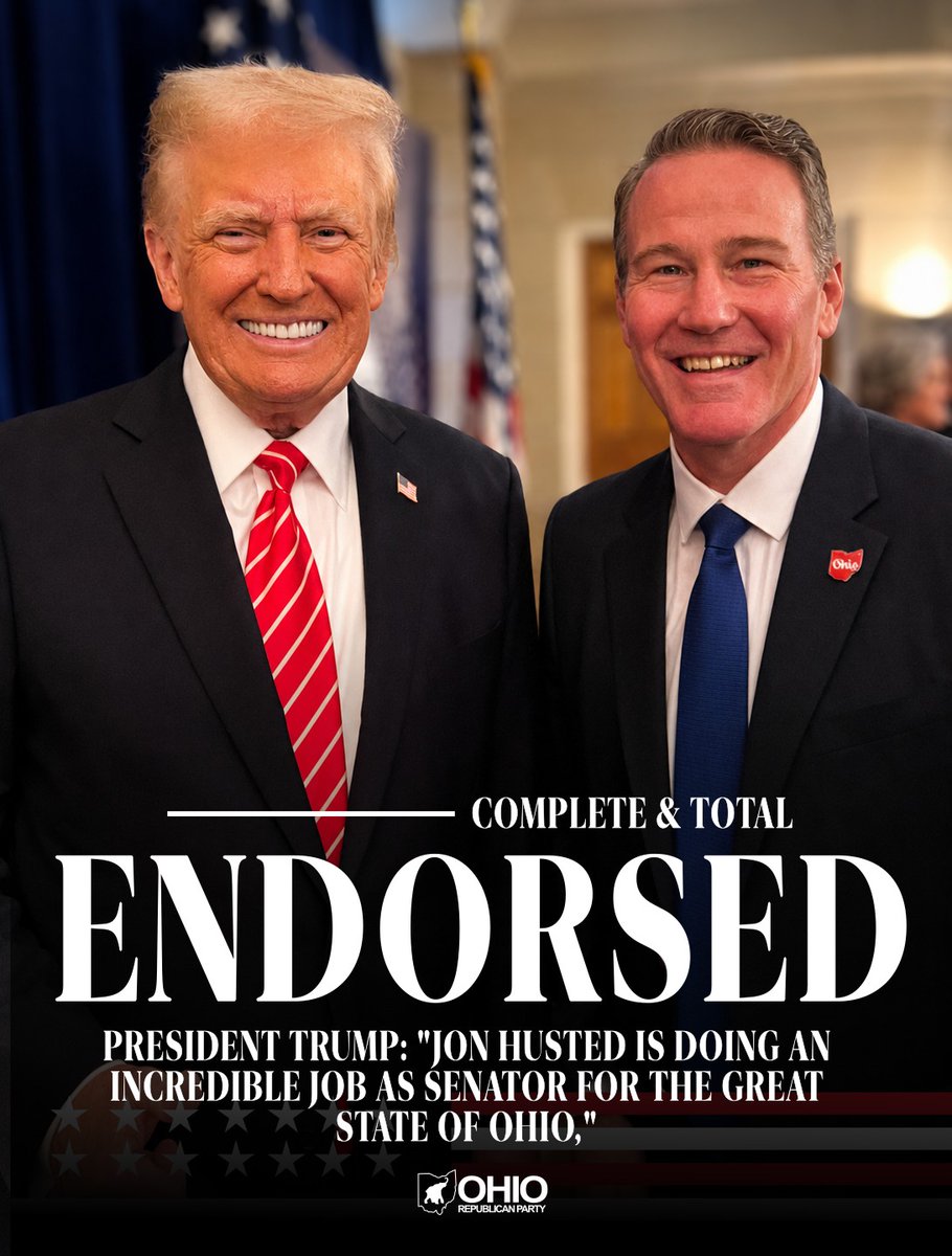 ohiogop's tweet photo. President Donald J. Trump has given his Complete and Total Endorsement to U.S. Senator Jon Husted (R-OH), declaring the Ohio Senator one of the leaders he knows he can count on heading into the election. https://t.co/VrDHB5dLUy https://t.co/pFTLo8wn90