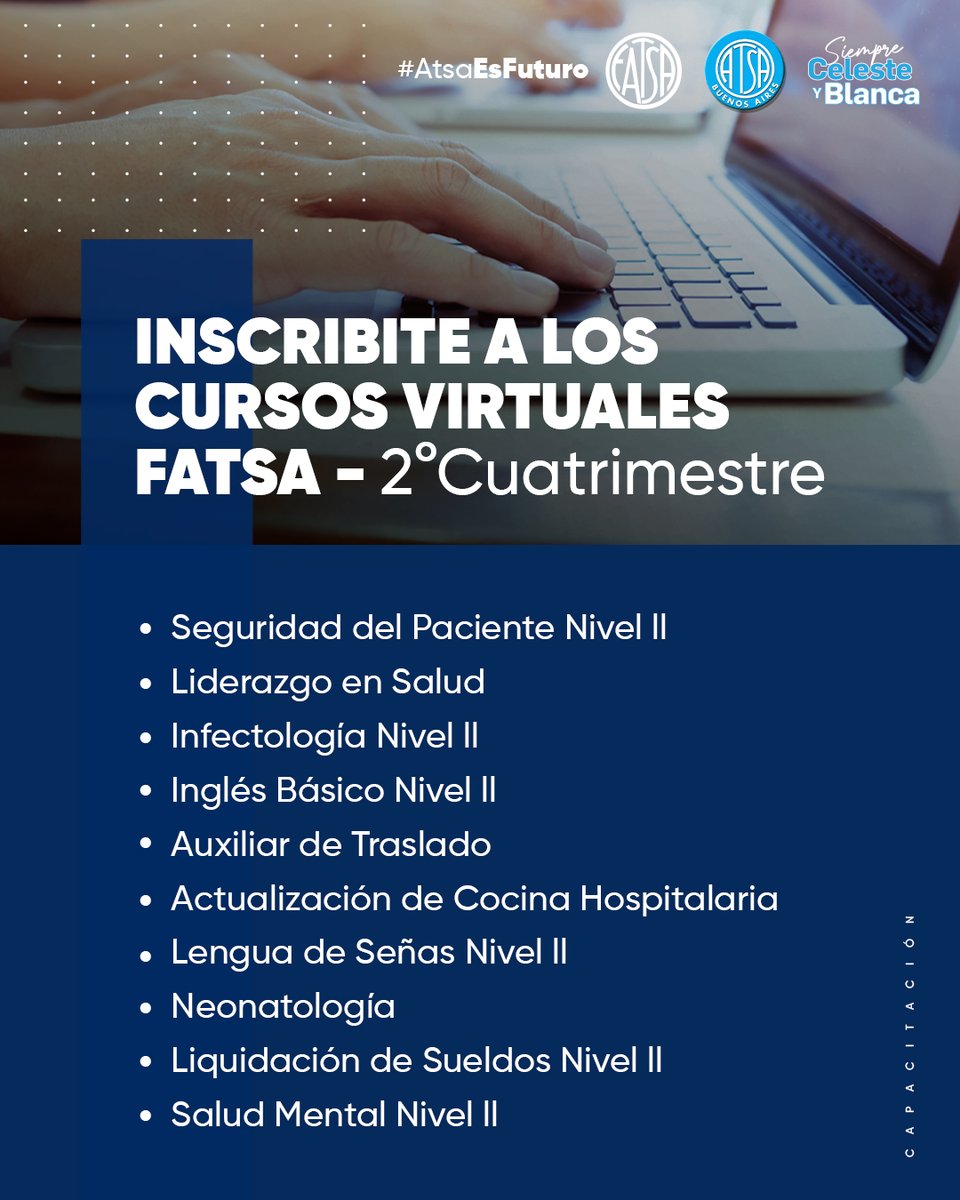 AtsaBsAs's tweet photo. 💪📚 ¡Formate con quienes más saben!

Ya están abiertas las inscripciones al 2.º cuatrimestre de los cursos virtuales de #FATSA. 🖥️

✔️ Si estás afiliadx, elegí entre la amplia oferta de capacitaciones e inscribite. 📝

🌐 https://t.co/pMnvIrbBPr

💙 Sigamos construyendo comunidad y futuro juntxs.
#AtsaBsAs #Sanidad #FATSA