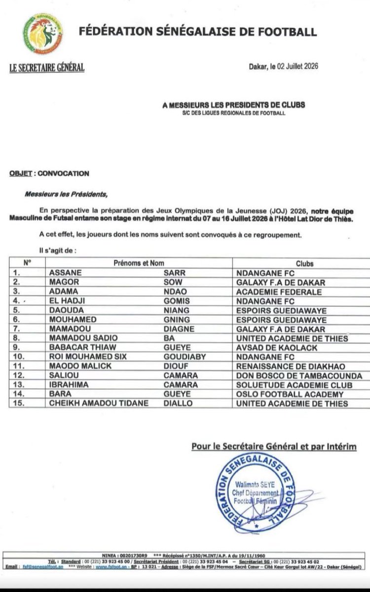footmercato's tweet photo. La Fédération Sénégalaise de Football a publié sa liste de futsal pour préparer les Jeux Olympiques de la Jeunesse, et… le numéro 10 porte un prénom assez particulier. 😭🇸🇳 https://t.co/Otfzdgly9Z