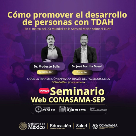 conasamamx's tweet photo. Cada persona con TDAH tiene un enorme potencial cuando encuentra comprensión, herramientas y oportunidades. 💜

Acompáñanos en el Seminario Web CONASAMA-@SEP_mx  y conversemos sobre cómo promover su desarrollo.

📅 8 de julio | 🕒 3:00 p.m.
📲 Facebook de @conasamamx

#CONASAMA #SaludMental