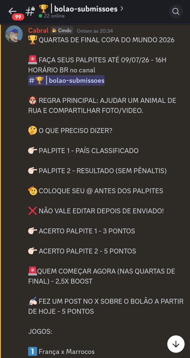limaly201's tweet photo. Bolão das Quartas de Final da Copa do Mundo 2026 no discord dos @CamaradasCmdc ⚽🏆

Único requisito é ajudar um animal de rua e compartilhar foto/vídeo ✅

Entra no discord e faz o seu: https://t.co/lWLeWvDRWM https://t.co/AzMPNckbS7