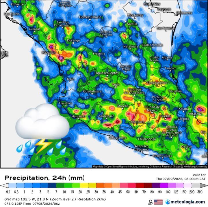 InfoMeteoro's tweet photo. ✅PRONÓSTICO MIÉRCOLES 8/JUL/2026 

“Mayor extensión y cantidad de lluvias; calor intenso en el norte y sureste; fresco el Altiplano…”

⛈️LLUVIAS Y TORMENTAS C/GRANIZO

🔴LAS MÁS INTENSAS🔴
-Ver, Oax, Pue, Tlax, Hgo, Qro, EdoMex, CDMX, Mor, Gto, Mich, Jal, Col, Ags, Zac, Nay, Sin, Dgo

🟡EVENTOS AISLADOS FUERTES
-BCS, Son, Chih, Coah, NL, Tamps, SLP, Gro, Tab, Chis, Camp, Yuc, QRoo

🌡️AMBIENTE DIURNO☀️
🔥41-45ºC BC, BCS, Son, Sin, NL, Tamps, Nay, Mich, Gro
🥵36-40ºC noroeste, norte, noreste
🥵26-35ºC Pacífico sur, oriente, sureste
😅15-25ºC Occidente, Bajío y Centro

⚠️🌬️RÁFAGAS DE VIENTO km/h
35-60 estados del norte, centro, sureste, siendo mayores en zonas de tormenta