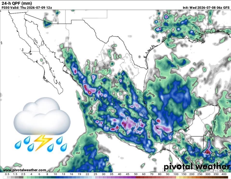 InfoMeteoro's tweet photo. ✅PRONÓSTICO MIÉRCOLES 8/JUL/2026 

“Mayor extensión y cantidad de lluvias; calor intenso en el norte y sureste; fresco el Altiplano…”

⛈️LLUVIAS Y TORMENTAS C/GRANIZO

🔴LAS MÁS INTENSAS🔴
-Ver, Oax, Pue, Tlax, Hgo, Qro, EdoMex, CDMX, Mor, Gto, Mich, Jal, Col, Ags, Zac, Nay, Sin, Dgo

🟡EVENTOS AISLADOS FUERTES
-BCS, Son, Chih, Coah, NL, Tamps, SLP, Gro, Tab, Chis, Camp, Yuc, QRoo

🌡️AMBIENTE DIURNO☀️
🔥41-45ºC BC, BCS, Son, Sin, NL, Tamps, Nay, Mich, Gro
🥵36-40ºC noroeste, norte, noreste
🥵26-35ºC Pacífico sur, oriente, sureste
😅15-25ºC Occidente, Bajío y Centro

⚠️🌬️RÁFAGAS DE VIENTO km/h
35-60 estados del norte, centro, sureste, siendo mayores en zonas de tormenta