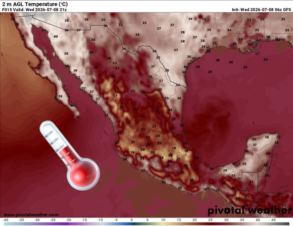 InfoMeteoro's tweet photo. ✅PRONÓSTICO MIÉRCOLES 8/JUL/2026 

“Mayor extensión y cantidad de lluvias; calor intenso en el norte y sureste; fresco el Altiplano…”

⛈️LLUVIAS Y TORMENTAS C/GRANIZO

🔴LAS MÁS INTENSAS🔴
-Ver, Oax, Pue, Tlax, Hgo, Qro, EdoMex, CDMX, Mor, Gto, Mich, Jal, Col, Ags, Zac, Nay, Sin, Dgo

🟡EVENTOS AISLADOS FUERTES
-BCS, Son, Chih, Coah, NL, Tamps, SLP, Gro, Tab, Chis, Camp, Yuc, QRoo

🌡️AMBIENTE DIURNO☀️
🔥41-45ºC BC, BCS, Son, Sin, NL, Tamps, Nay, Mich, Gro
🥵36-40ºC noroeste, norte, noreste
🥵26-35ºC Pacífico sur, oriente, sureste
😅15-25ºC Occidente, Bajío y Centro

⚠️🌬️RÁFAGAS DE VIENTO km/h
35-60 estados del norte, centro, sureste, siendo mayores en zonas de tormenta