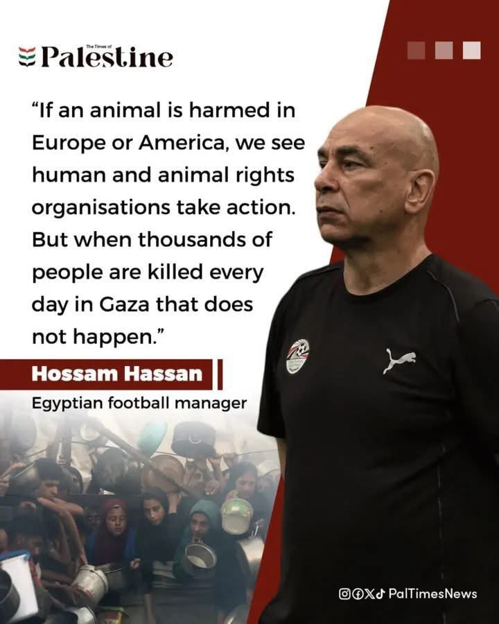 Emelia8z0's tweet photo. Egypt coach Hossam Hassan condemned what he described as global silence over Gaza, saying the world reacts to animal suffering while thousands of Palestinians, including children and women, are killed and forced to live in tents amid ongoing Israeli attacks. https://t.co/p0MYsE4fsS