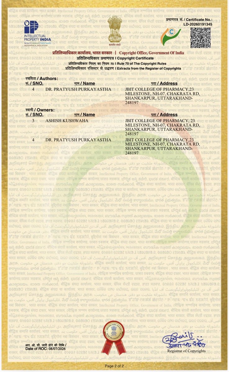 Ashish681998's tweet photo. Proud to announce that Copyright Registration has been officially published by the Copyright Office, Government of India.

#Copyright #Innovation #Research #IntellectualProperty #AcademicExcellence #PharmaceuticalSciences https://t.co/mdbYxh7M9B