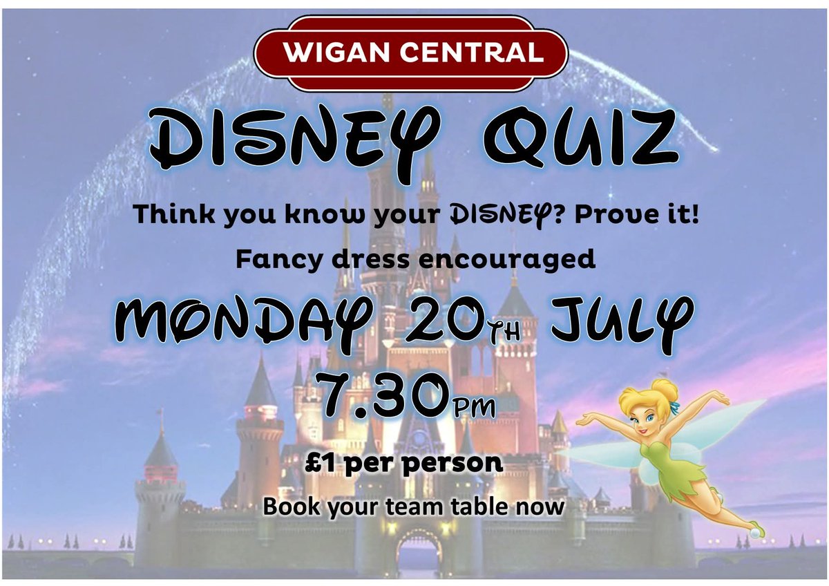 wigancentral's tweet photo. 👉Think you know your Lion King From your Lilo &amp; Stitch? Dust off your Mickey ears, 🎊 because we are hosting our Disney Quiz. Fancy dress encouraged. £1 per person. Book your team table now 😃 Monday 20th June https://t.co/Mu7PQaXfPY