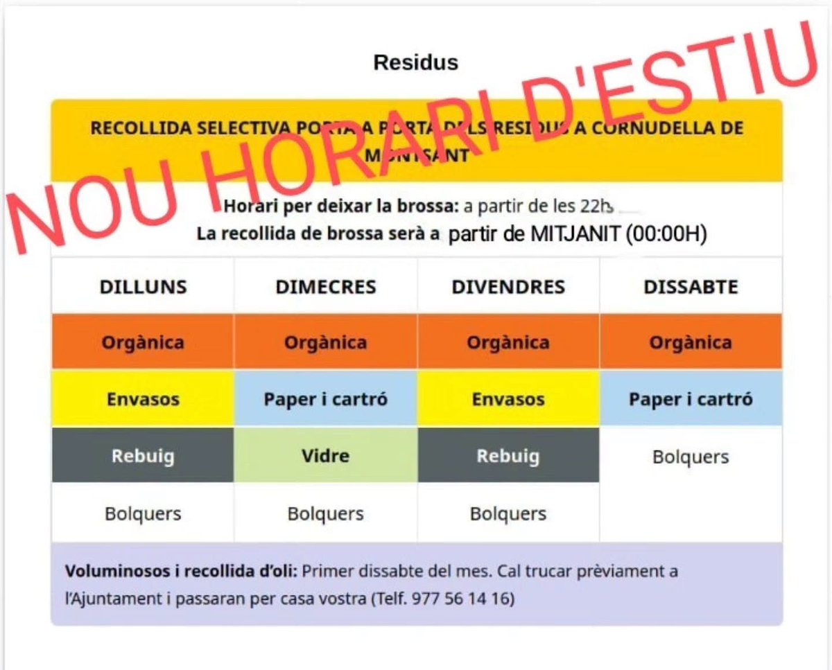 AjCornudella's tweet photo. Canvi d’horari provisional en la recollida de residus porta a porta per les altes temperatures
https://t.co/vZxQyDilFo https://t.co/fDNSlwazFD
