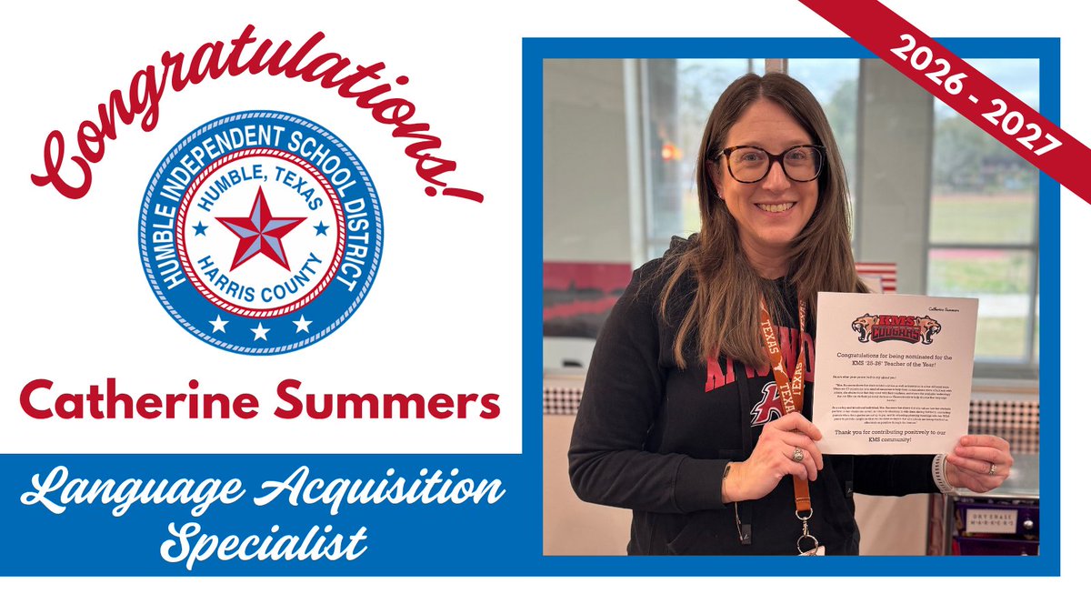 HumbleISD_KMS's tweet photo. Congratulations to Catherine Summers on her new role as a Language Acquisition Specialist with @HumbleISD! While we're sad to see her leave KMS, we're incredibly proud of her and excited for what's ahead. KMS doesn't just grow students, we grow leaders! #KMSCougarPride https://t.co/019PnEQgVH