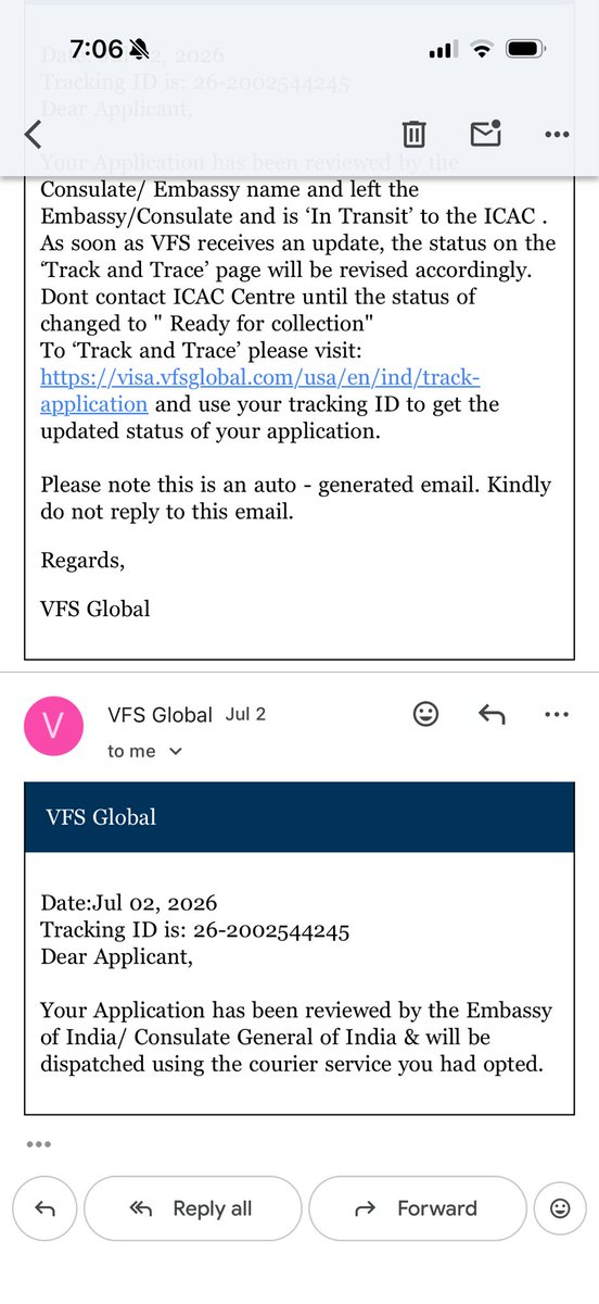 ramdas80's tweet photo. Thank you @DrSJaishankar @passportsevamea @vfsglobalcare I received my son”s passport yesterday. However I received notification of my daughter Niva Baliga passport(26-2002544245) being ready to dispatch on July 02, &amp; no progress after that. Need your help. Screenshot attached. https://t.co/NR5CIkvhHm