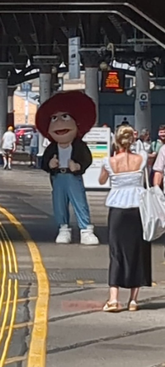 MarNewb's tweet photo. Seriously cannot believe that @lner have made someone dress up like this Muppet in 30 degree heat. Shame on you! https://t.co/slhioS2Gqs