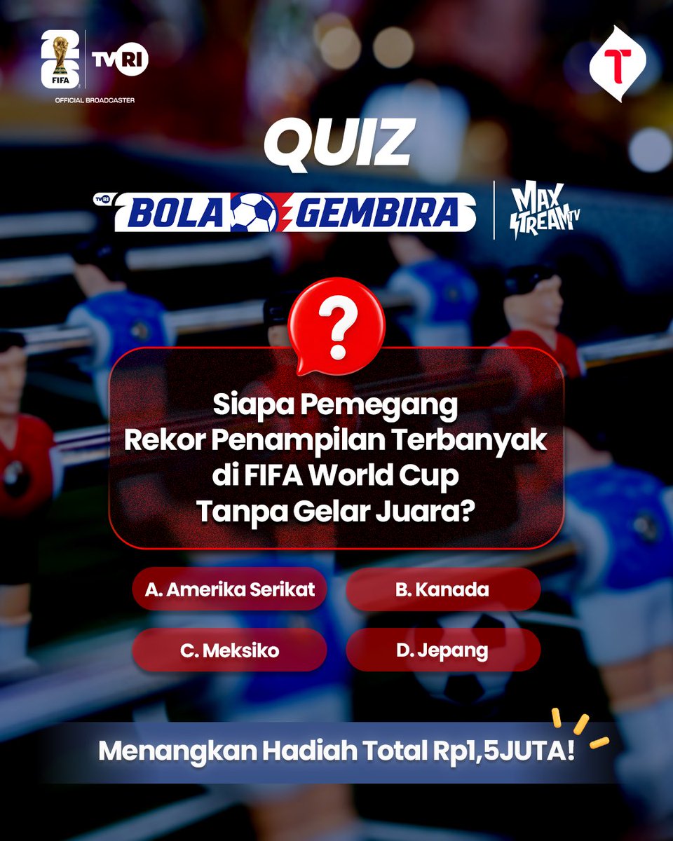 MyTelkomselApp's tweet photo. Siapa pemegang rekor penampilan terbanyak di FIFA World Cup tanpa gelar juara? Jawab di kolom komentar dan menangkan saldo e-wallet Rp150.000!

Syarat: Follow @‌MyTelkomsel, jawab pertanyaan, mention 3 teman, gunakan #BolaGembiraMAXStreamTV, like & retweet tweet ini.

Periode: 8-10 Juli 2026.

* 1 identitas hanya dapat memenangkan hadiah 1 kali selama periode kuis Bola Gembira MAXStream TV

#BolaGembiraMAXStreamTV #Telkomsel5G #DekatnyaNyataPintarnyaTerasa #Telkomsel5GPoweredbyAI