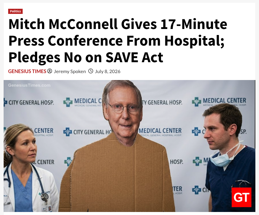 Genesius_Times's tweet photo. Mitch McConnell Gives 17-Minute Press Conference From Hospital; Pledges No on SAVE Act • Genesius Times https://t.co/Ij2ijODQBu https://t.co/aM5rAK6wOl