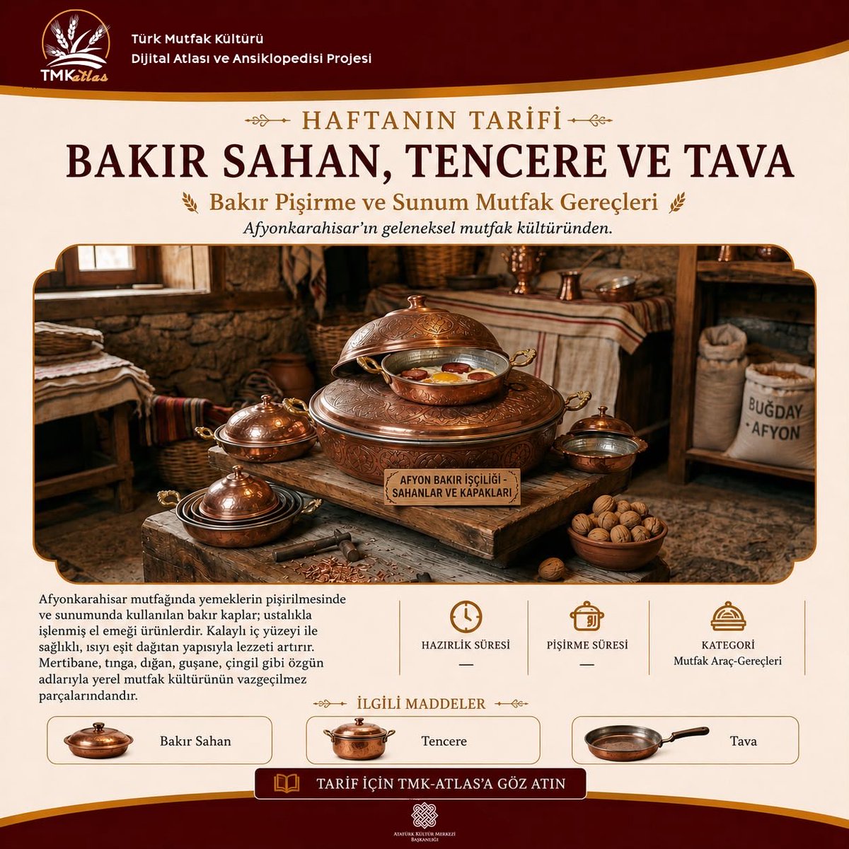AKMB_govtr's tweet photo. 🫕✨ Geleneksel mutfak kültürünün önemli parçalarından olan bakır sahan, tencere ve tavalar; geçmişten günümüze taşınan otantik mutfak mirasının simgeleri arasında yer almaktadır. 🏺🍲

Günümüzde modern mutfak gereçleri yaygınlaşsa da, bakır kaplar özellikle yöresel restoranlarda ve geleneksel sunumlarda kullanılmaya devam ederek kültürel atmosferi yaşatmaktadır. 🧡🍽️

📚 Türk Mutfak Kültürü Dijital Atlası ve Ansiklopedisi Projesi; Türk mutfağının kültürel mirasını dijital ortamda kayıt altına almayı, gelecek nesillere aktarmayı ve uluslararası alanda tanıtmayı amaçlamaktadır. 🌍✨

İncelemek için 👇
https://t.co/ZvdeEOlE3x

#Bakır #Tencere #Tava #Sahan #Akmb