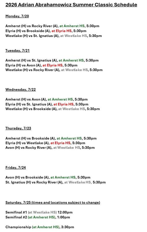 ASHSBaseball's tweet photo. Here is the schedule for this year's Adrian Abrahamowicz Summer Classic! @MJournalSports @ElyriaCTSports https://t.co/GtHIEtXEGP