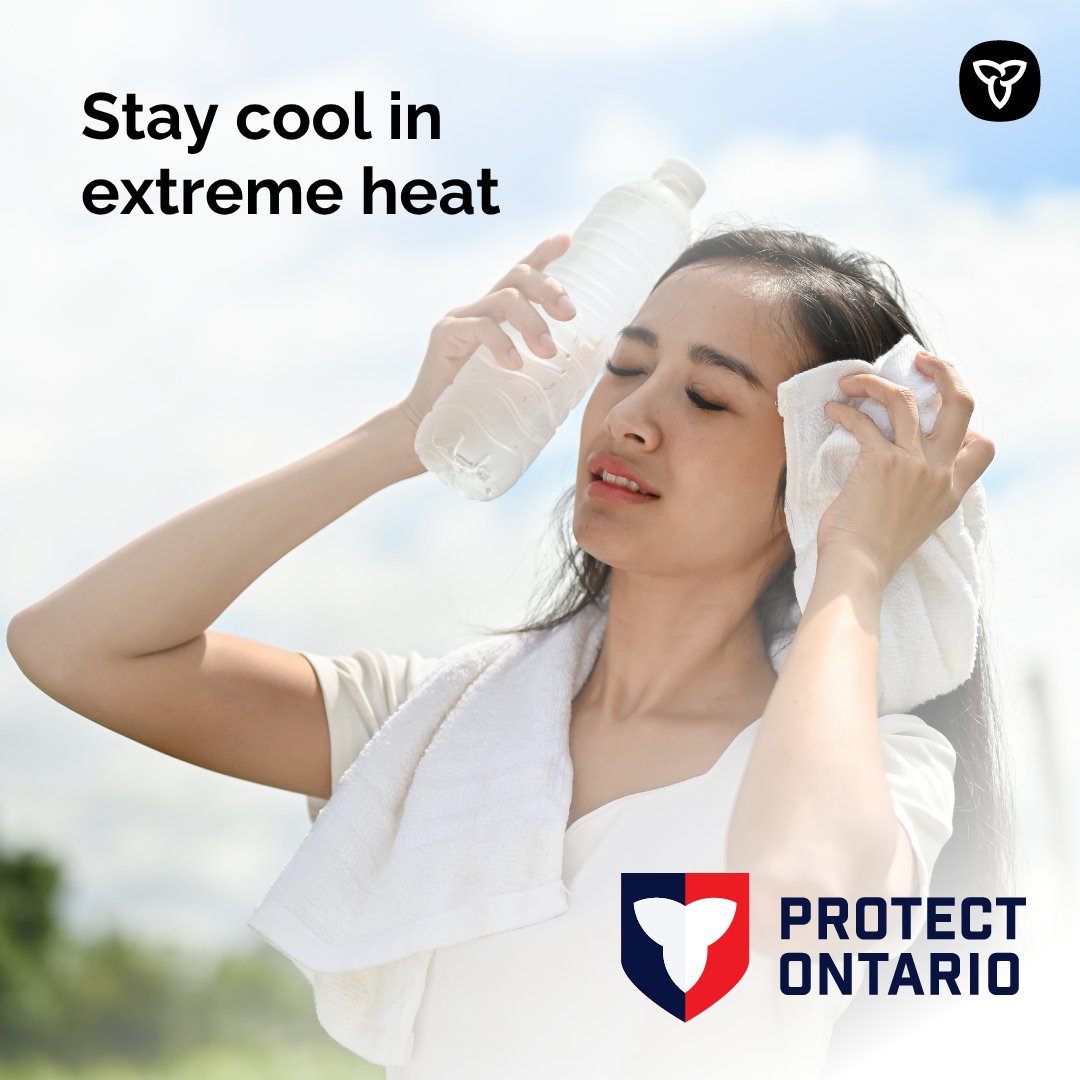 ONsafety's tweet photo. Extreme heat can be dangerous. Stay cool and safe with these tips:
💧 sip water often
👒 wear light-coloured clothing
🕑 avoid the strongest sun hours 
🧊 rest in places below 26°C

Be sure to check in on friends, family and pets too. 

Learn more: https://t.co/sQRcA0qliY https://t.co/ZaXwFm1qKe