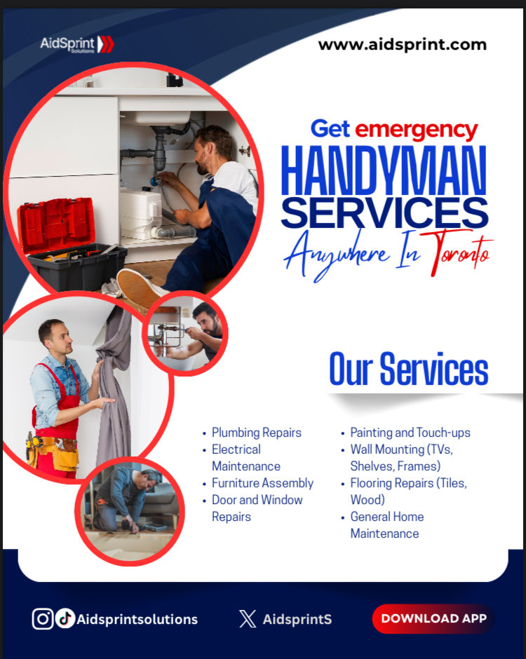 AidsprintS's tweet photo. Handyman services across Toronto 🇨🇦🛠️ .
.
.
Plumbing, electrical, furniture assembly, TV mounting, painting, flooring &amp; more. Fast, professional &amp; friendly. 
.
.
Download the AidSprint Solutions app! 👇 
.
.
#AidSprintSolutions #TorontoHandyman #HomeRepairs https://t.co/w7PQMljoxH