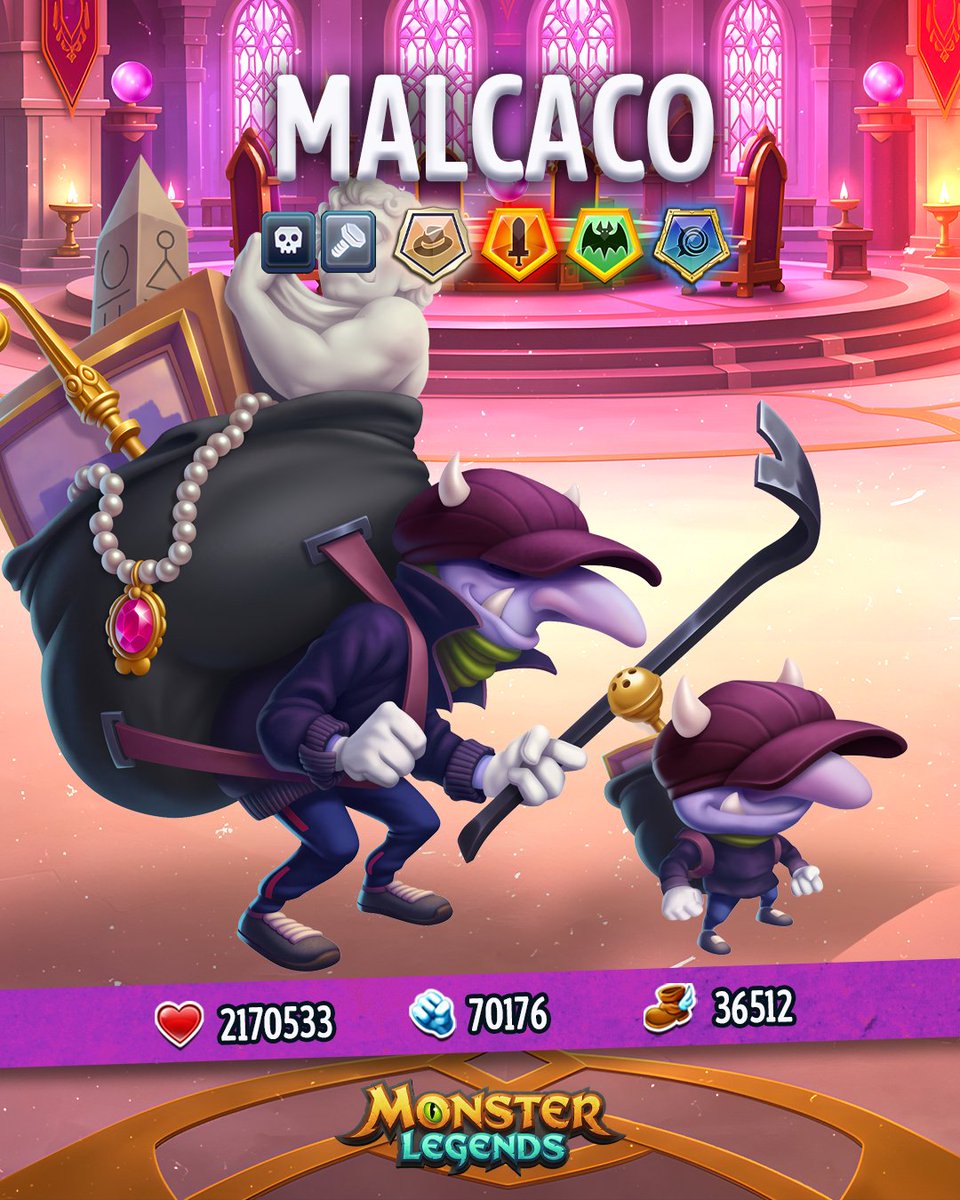 Monster_Legends's tweet photo. Monster Masters, meet the newest Bounty Hunt Fugitive Hater: Malcaco 💰

When President Canine needed someone to quietly "collect" a few valuables before his time ran out, Malcaco was the obvious choice. A professional thief with loyalty only to himself, he always finds a way to leave every job with a little something extra in his pockets.

⚔️ Dark & Metal Attacker
✨ Evasion
💥 Triple Damage

He’s a Dark and Metal Attacker with Evasion and Triple Damage skills.

Evolving Trait: 
Rank 0: All allies Super Attuned + Fugitive Hater x2 Damage
Rank 1: Immune to Control 
Rank 3: Status Caster - Gains Evasion on its first turn + Fugitive Hater x3 Damage 
Rank 5: Fugitive Hater x5 Damage

🗓️ Bounty Hunt starts this Thursday, July 9!

#MonsterLegends #BountyHunt #NewMonster