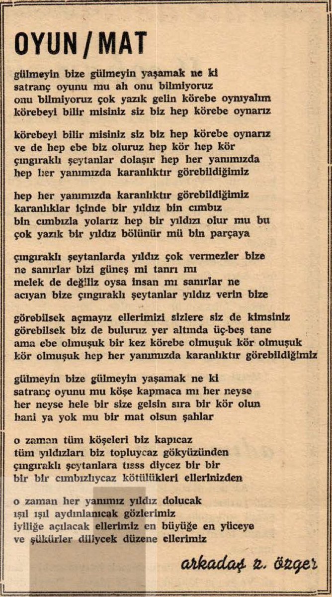 ekinveorak's tweet photo. arkadaş zekâi özger’in forum dergisi 15 mart 1969 tarihli sayısında yayınlanan oyun/ mat şiiri. https://t.co/q4sFwq3VRp