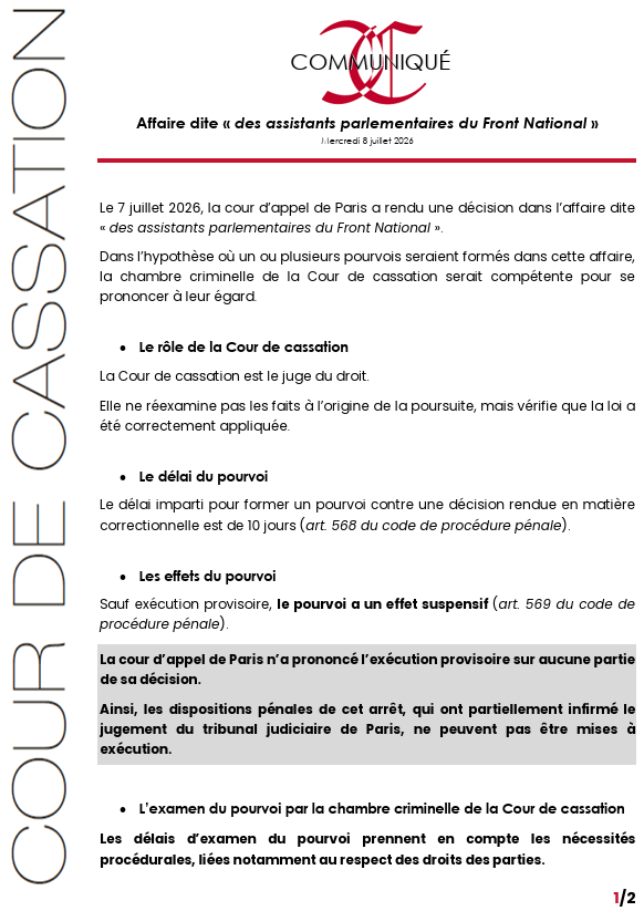 Courdecassation's tweet photo. ⚖️[Communiqué de la Cour de cassation] Affaire dite « des assistants parlementaires du Front National »
👓Lire le communiqué > https://t.co/tZPUQPQKnH https://t.co/VkQwrDXg9a