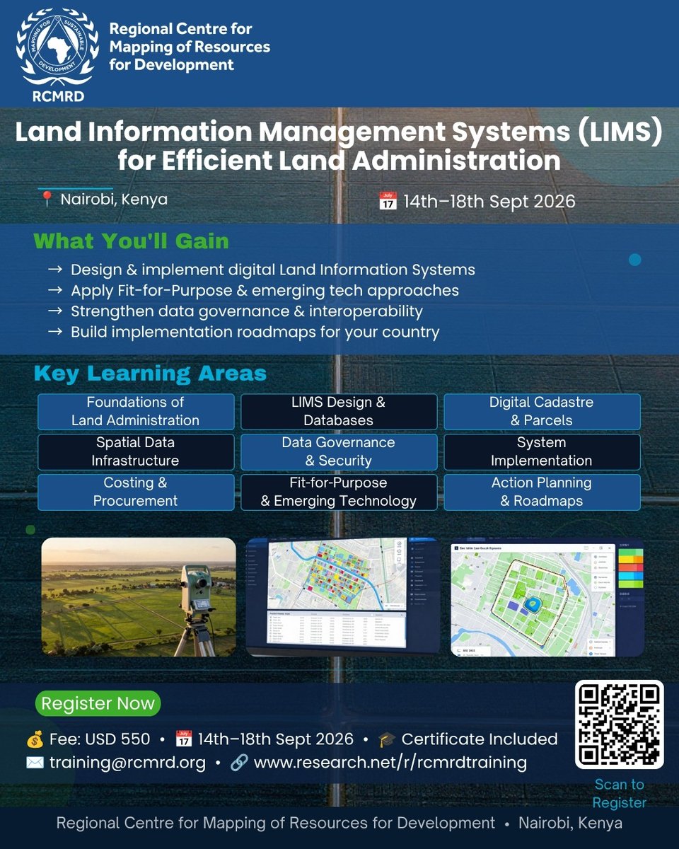 TheRCTI_RCMRD's tweet photo. Register for our upcoming training on Land Information Management Systems (LIMS).

🗓️ 14th–18th September 2026
📍 RCMRD, Nairobi, Kenya
From digital cadastre to costing and implementation roadmaps, build the expertise to drive effective land administration reform.

💵 Tuition: USD 550
🔗 Register now: https://t.co/clK7h3LYPP

#LIMS #LandAdministration #RCMRD