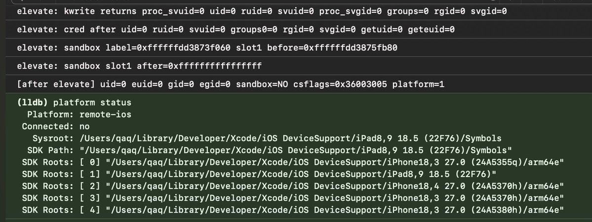 Lakr233's tweet photo. Jailbroken @ iOS 18.?.?-26.0.1 ( public exp + ppl 0 day from @pattern_F_  ). full phkrw + ppl bypass. https://t.co/HYgAe9ckkc