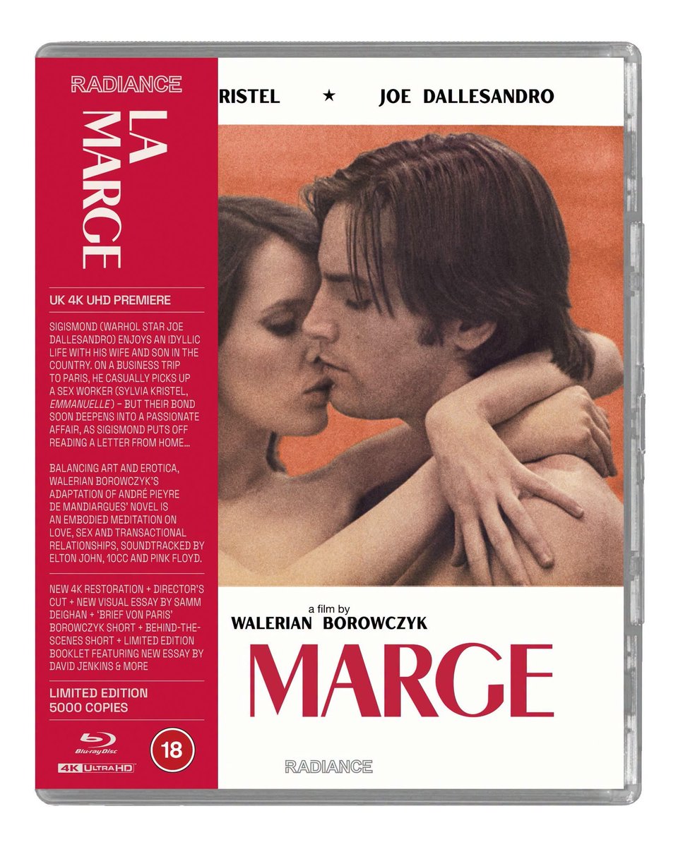 disc_connected's tweet photo. ***ANNOUNCEMENT***
Coming on October 19th on #4K/Blu-ray dual format in the UK from @FilmsRadiance: #LaMarge (1976)!
Sigismond (Warhol star Joe Dallesandro) enjoys a romantic, sexually fulfilling relationship with his wife, Sergine (Mireille Audibert). In the idyllic countryside, the happy couple raise their young son with the help of their maid, Féline (Louise Chevalier, La Femme infidèle). On a business trip to Paris, Sigismond casually picks up a sex worker (Sylvia Kristel, Emmanuelle). But in the noisy, modern city, their bond soon deepens into a passionate affair, while Sigismond puts off reading a letter from Féline… Starring two major sex symbols, Walerian Borowczyk’s exquisite adaptation of André Pieyre de Mandiargues’ novel balances art and erotica in an embodied meditation on pleasure, love and transactional relationships, soundtracked by 1970s synth rock acts including Elton John, 10cc and Pink Floyd.
4K UHD & BLU-RAY LIMITED EDITION SPECIAL FEATURES
4K restoration by Studio Canal
4K UHD SDR and Blu-ray presentation of the feature
Uncompressed mono PCM audio with French and English audio options
Director’s cut (Blu-ray only, exclusive to this edition)
New visual essay by critic and author Samm Deighan (2026)
New appreciation by director and cinematographer Sean Price Williams
Brief von Paris – commissioned by German broadcaster ZDF, this 16mm short film by Borowczyk was shot in the French capital during the release of La marge (1976, 40 mins)
Diana from Amsterdam - this behind-the-scenes footage on the set of La marge, shot on 8mm by camera operator Noël Véry, is narrated by star Sylvia Kristel (6 mins)
Interview with La marge camera operator Noël Véry and assistant director André Heinrich (2007, 4 mins)
Interview with film critic and Borowczyk collaborator Noël Simsolo (2014, 8 mins)
Alternate scenes from the UK version ‘The Streetwalker’
Image gallery
Newly improved English subtitle translation
Reversible sleeve featuring artwork based on original promotional materials
Limited edition booklet featuring new writing by film critic David Jenkins
Limited Edition of 5,000 copies presented in full-height Scanavo packaging with removable OBI strip leaving packaging free of certificates and markings
https://t.co/pBrZABNgMk
#BluRay #PhysicalMedia #BluRays #BoutiqueBluRay #CultMovies #DiscConnected #Radiance #RadianceFilms #SylviaKristel #WalerianBorowczyk