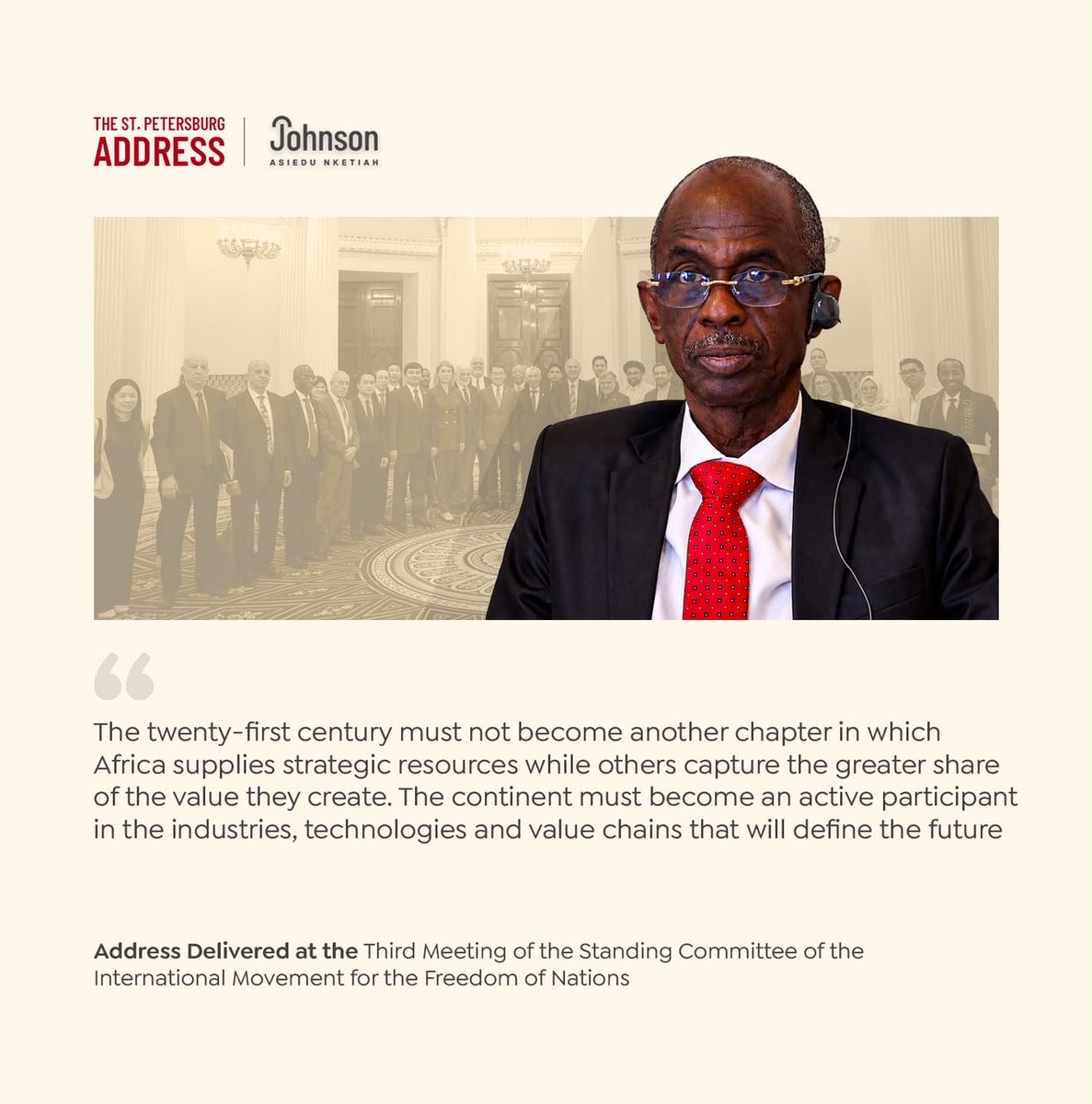 JAsieduNketiah's tweet photo. Speaking in Russia, I returned to a conviction I have carried for decades.

Africa stands at a crossroad in the face of renewed global competition for our critical minerals and emerging markets. Our strategic resources must no longer merely fuel the ambitions of other nations.

My position remains firm: the twenty-first century must not become another chapter of raw material extraction. True power will come only when we possess the industrial capability to transform our resources into home-grown technology, knowledge, and value.

#PanAfricanism #JAN