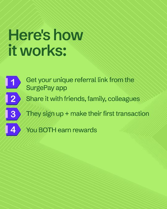 surgepay_io's tweet photo. Surgepayโs referral program means you earn the moment someone signs up with your referral link. Swipe to see how>>
.
.
.
Download, transact and refer SurgePay today to start earning today !!!
#surgepay #moneyshouldjustwork #referandearn https://t.co/BArdukTePr