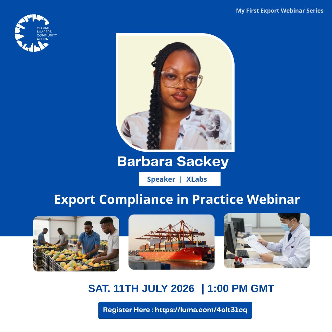 GlobalShapersAC's tweet photo. Your first export starts with the right knowledge.

Join the next My First Export Webinar Series on Export Compliance in Practice: Standards, Certifications, and Market Entry Requirements.

We'll unveil EXPO GEN, the AI powered Export Suite.
Register: https://t.co/kfEJxsVam8 https://t.co/ZpxhwkznhT