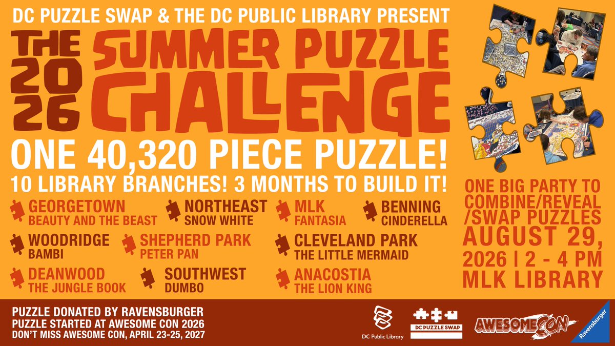 dcpl's tweet photo. 🧩 One giant puzzle. Ten library locations. Thousands of pieces waiting to be placed. Be part of the DC Summer Puzzle Challenge and help complete a 40,320-piece Disney puzzle before summer ends. Every visit makes a difference! https://t.co/C6aEuOUTWn https://t.co/V9R8bNyeDk