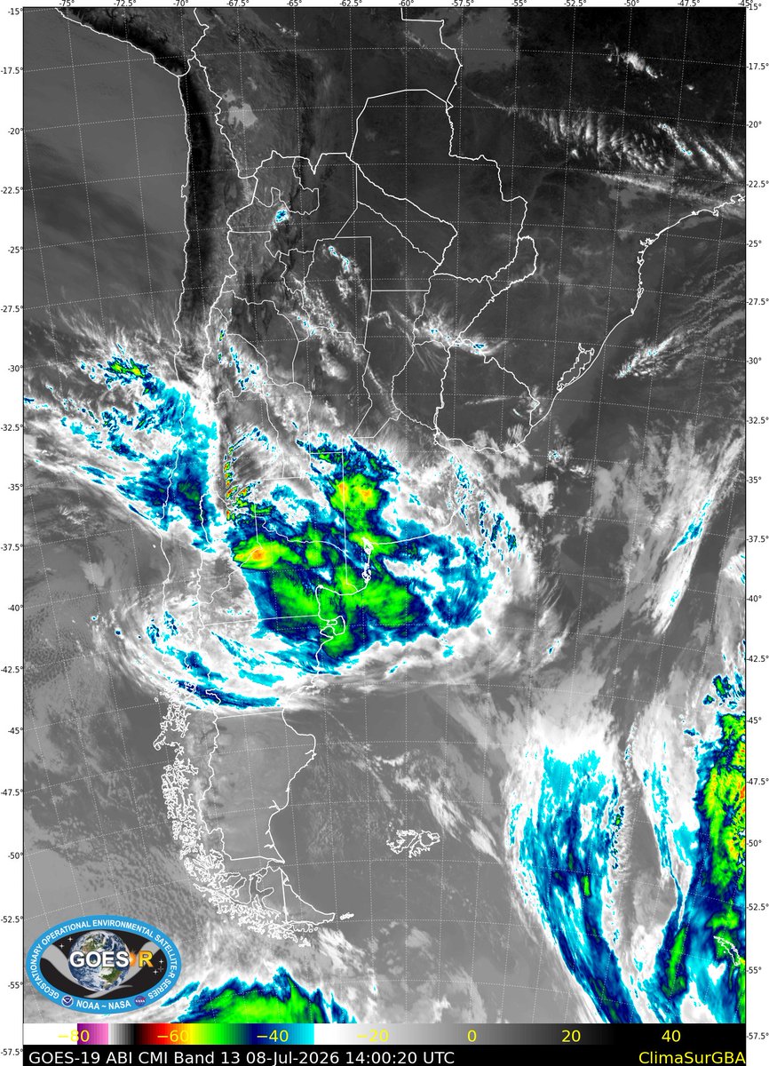 mario_bidegain's tweet photo. Imagen GOES19 de MIE08jul a 11:00 hora local. Se destaca la presencia de nubosidad y lluvias sobre Oeste #PBSAS, La Pampa y Río Negro (#Argentina). Muy importantes lluvias sobre Valdivia (Los Lagos) en #Chile con mas de 200 mm en últimas 24 horas. https://t.co/8RSf4J8CKd