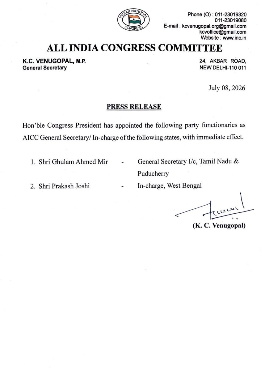 AICCMedia's tweet photo. Hon'ble Congress President has appointed the following party functionaries as AICC General Secretary/In-charge of the following states, with immediate effect. https://t.co/IDZJ09B0D4