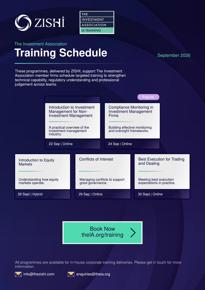 the_ZISHI's tweet photo. Upcoming @InvAssoc courses delivered by @ZISHI | September 2026 📅
Covering investment management, market structure, regulation and compliance topics for financial services professionals.
Full schedule: https://t.co/fasmm8Ngky https://t.co/KCvoQdAtZf