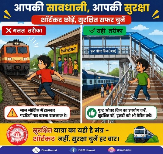 DrmJhansi's tweet photo. ⚠️ कुछ कदम बचाने की जल्दबाज़ी, पूरी जिंदगी पर भारी पड़ सकती है।
रेलवे ट्रैक पार करने के बजाय हमेशा फुट ओवर ब्रिज का उपयोग करें। सुरक्षित आदतें ही सुरक्षित यात्रा की पहचान हैं।
#RailSafety #SafetyMatters #IndianRailways #UseFootOverBridge #TravelSafe https://t.co/yGQu3cdg4k